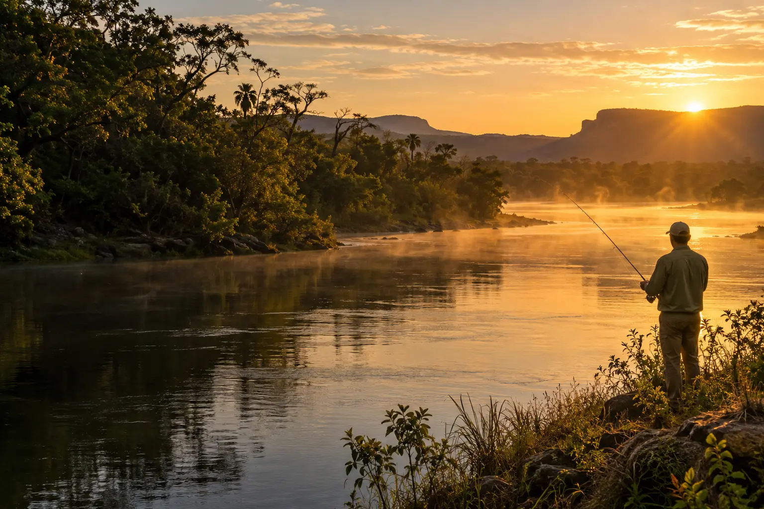 Imagem ilustrativa de um pescador à beira de um rio ao nascer do sol